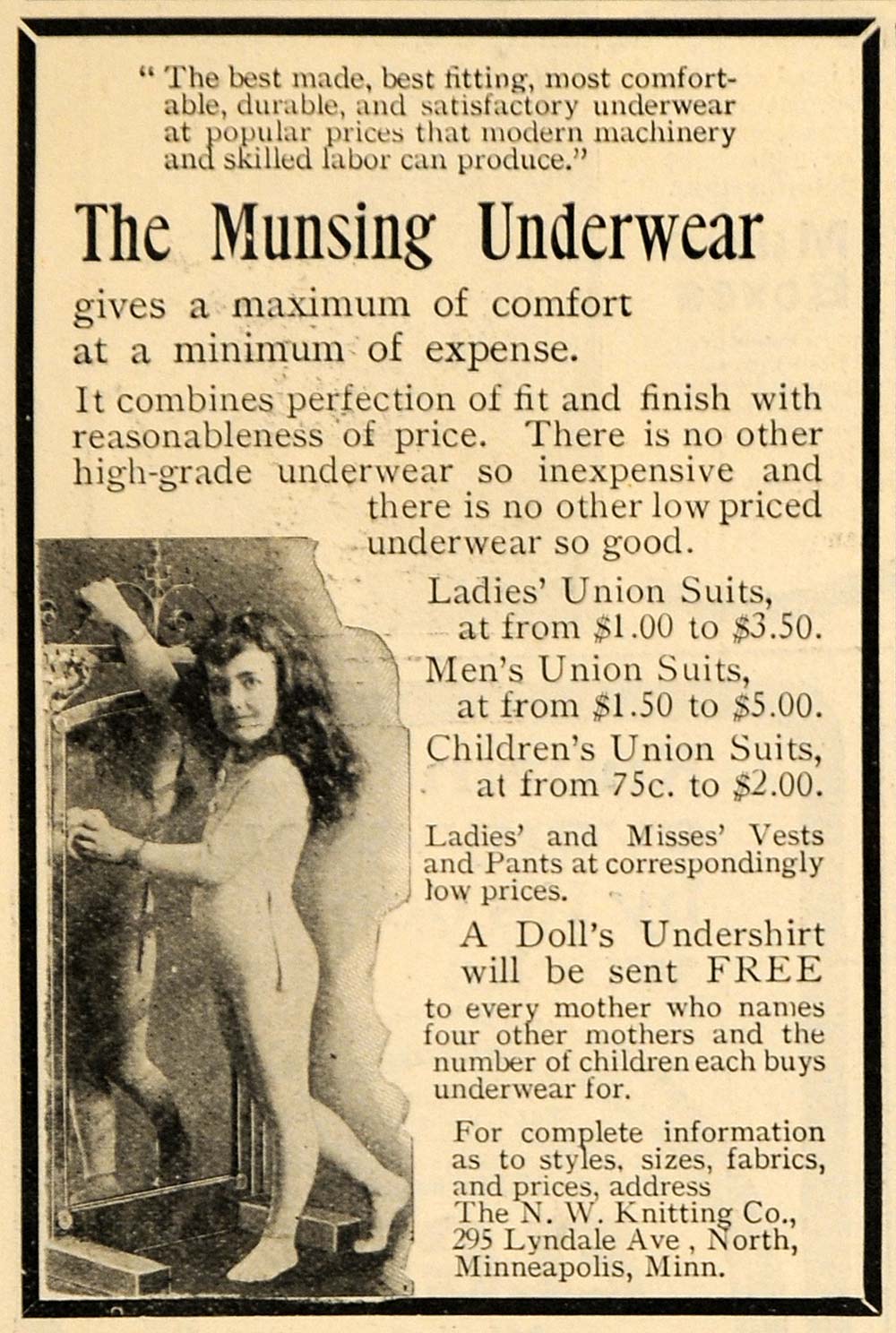 1901 Ad Munsing Underwear Child Union Suit N W Knitting - ORIGINAL TOM1