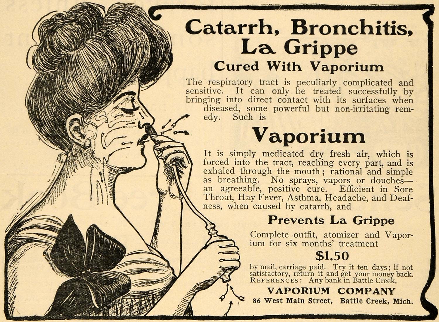 1901 Ad Catarrh Bronchitis La Grippe Cured Vaporium Air - ORIGINAL TOM1