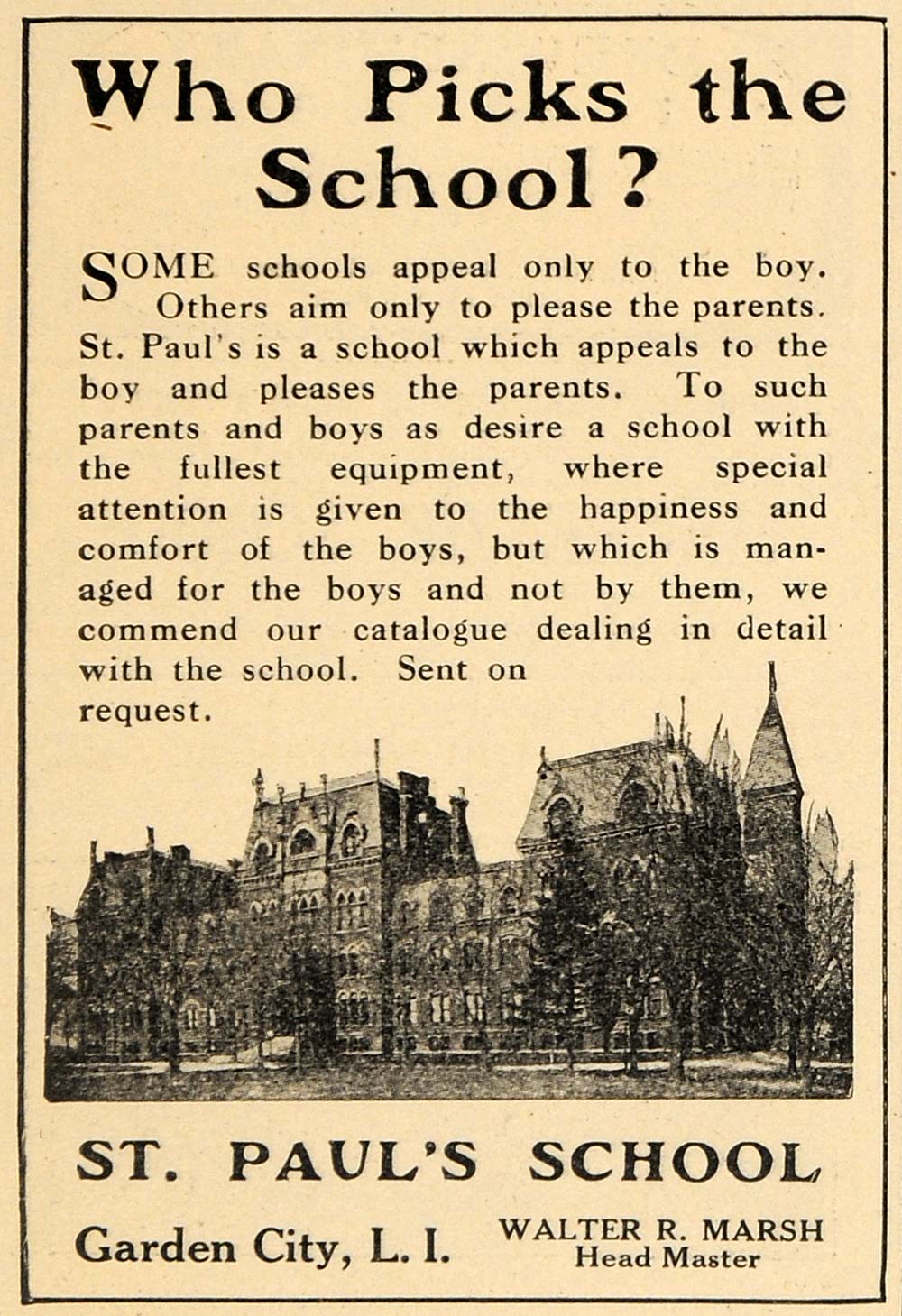 1909 Ad St Pauls School Garden City Walter R Marsh Boys - ORIGINAL TOM1
