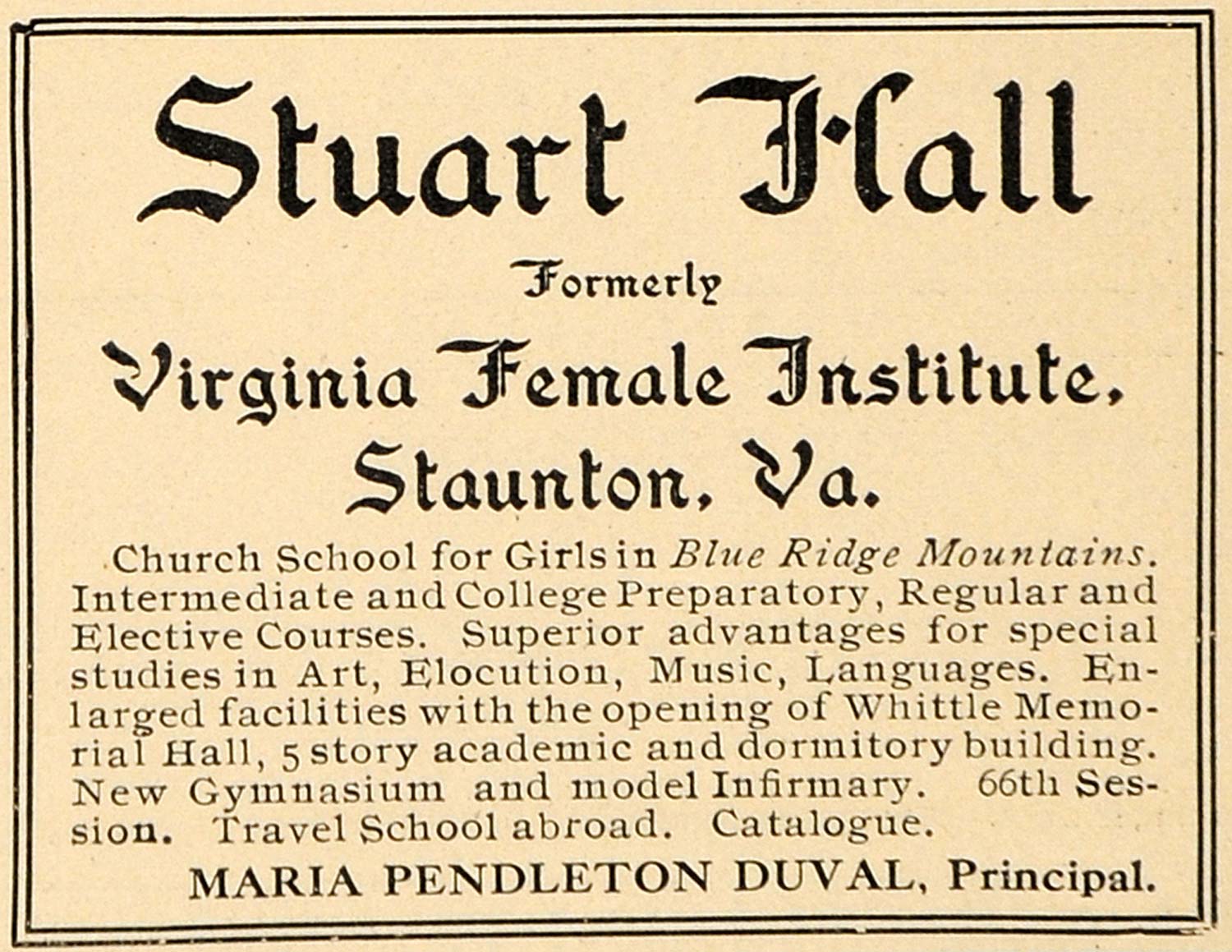 1909 Ad Stuart Hall Virginia Female Institute Staunton - ORIGINAL TOM1