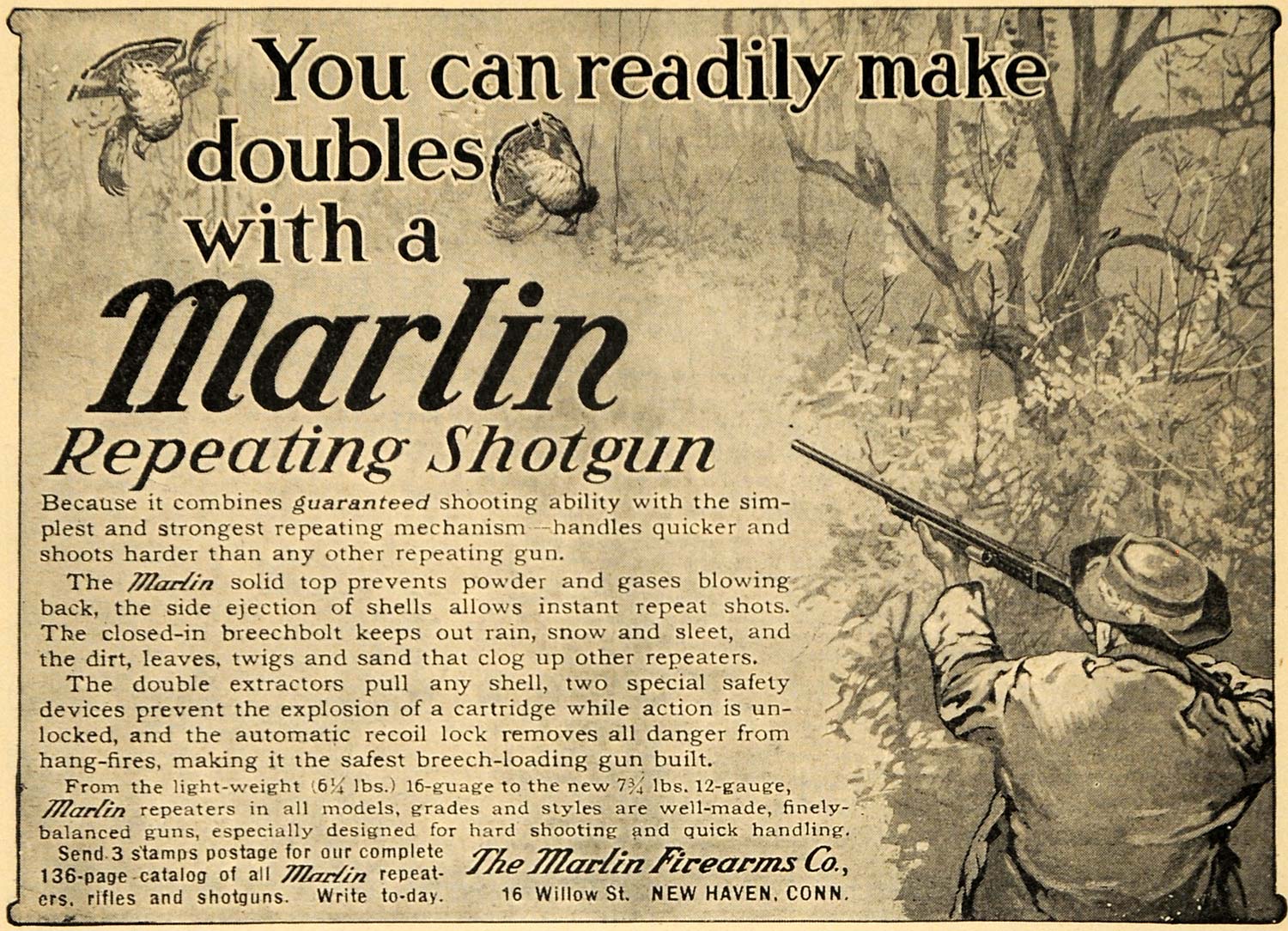 1909 Ad Turkey Hunting Marlin Repeating Shotgun Firearm - ORIGINAL TOM1