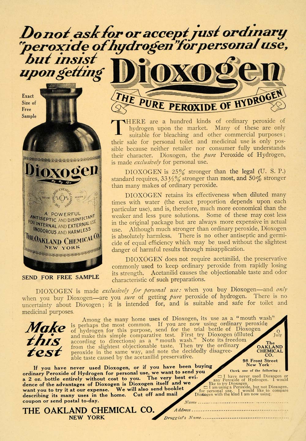 1909 Ad Dioxogen Peroxide Hydrogen Oakland Chemical Co. - ORIGINAL TOM1