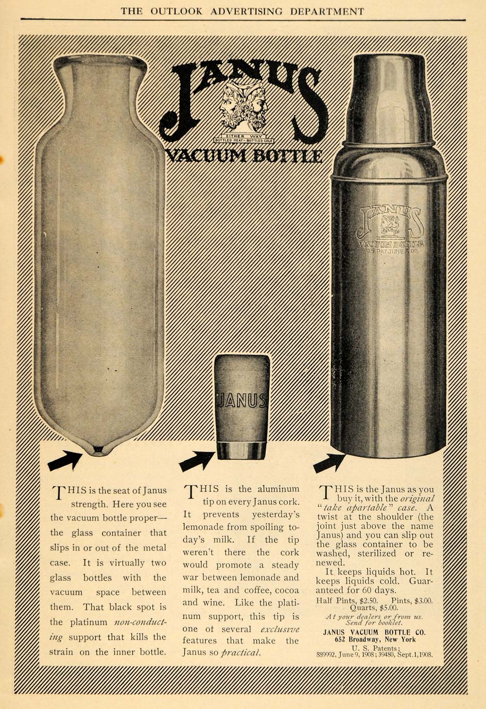 1909 Ad Janus Vacuum Bottle Company Thermos Heat Cold - ORIGINAL TOM1