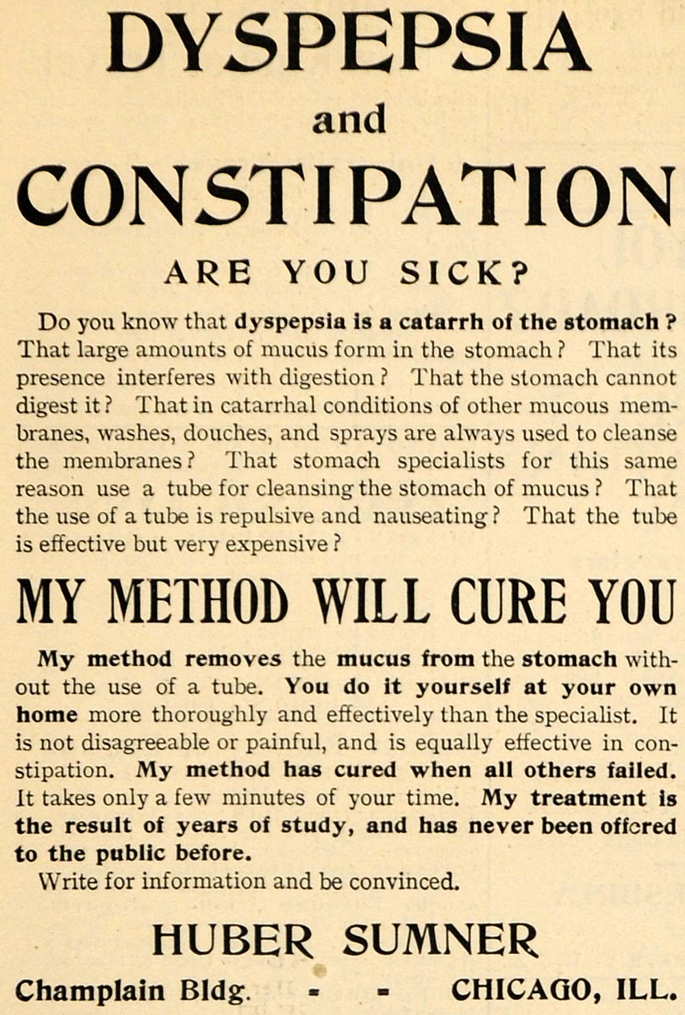 1902 Ad Dyspepsia & Constipation Treatment Huber Sumner - ORIGINAL TOM1