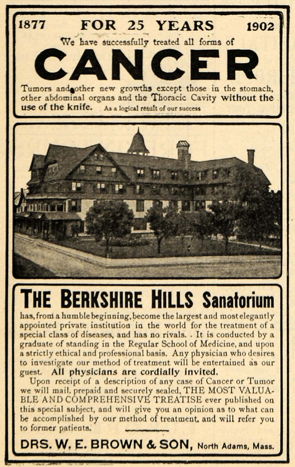 1902 Ad Berkshire Hills Sanatorium Cancer Treatment - ORIGINAL ADVERTISING TOM1