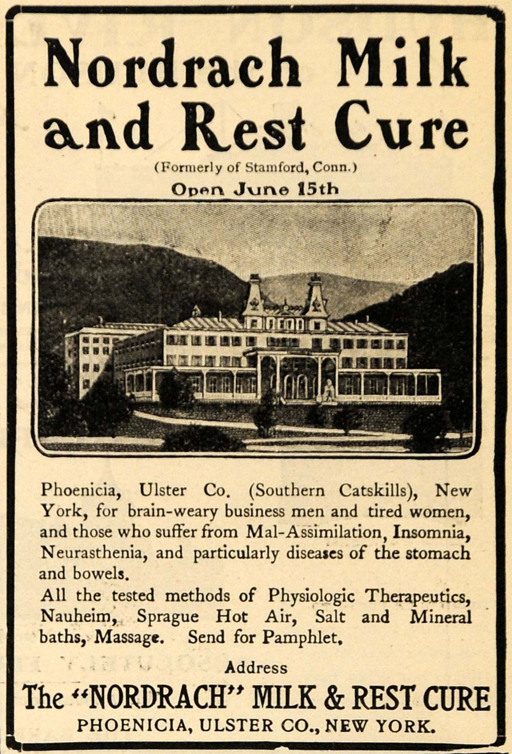 1902 Ad Nordrach Milk & Rest Cure Insomnia Treatment - ORIGINAL ADVERTISING TOM1