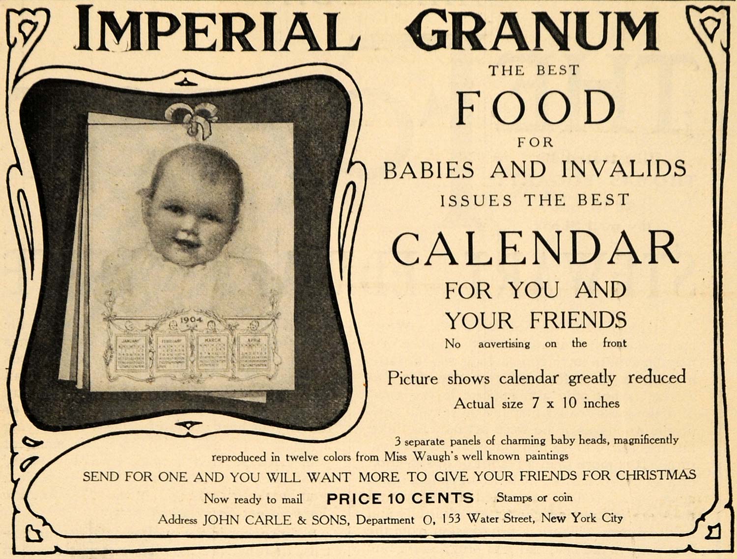 1903 Ad John Carle & Sons Imperial Granum Food for Baby - ORIGINAL TOM1