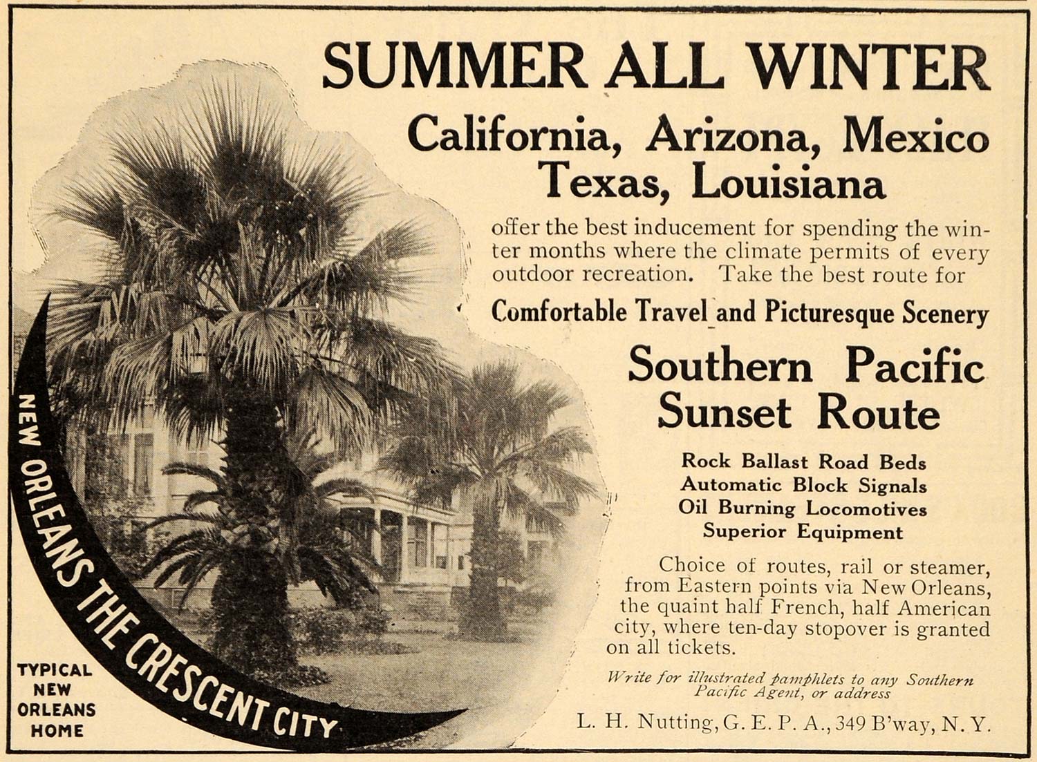 1908 Ad Southern Pacific Sunset Route L H Nutting Train - ORIGINAL TOM1
