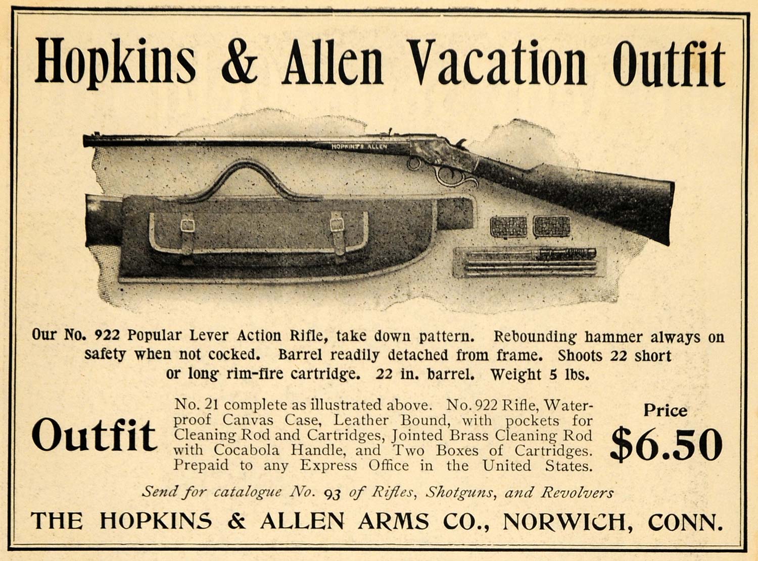 1904 Ad Hopkins & Allen Vacation Outfit 922 Rifle Case - ORIGINAL TOM1
