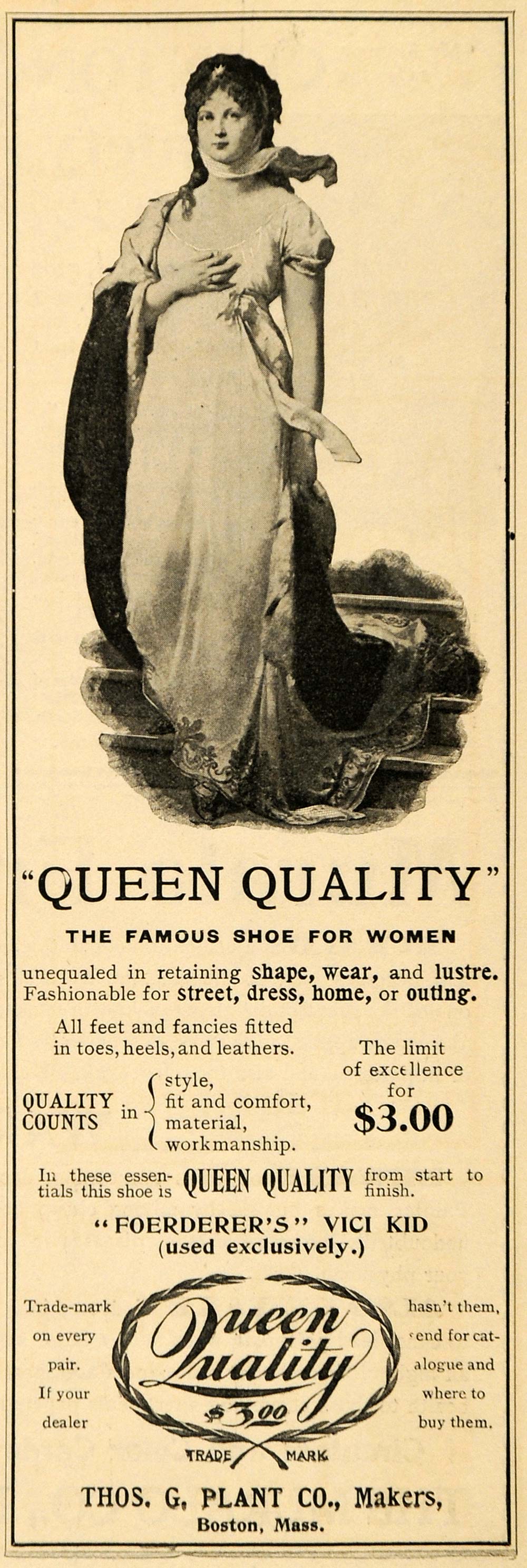 1898 Ad Queen Quality Womens Shoe Thos G Plant Company - ORIGINAL TOM1