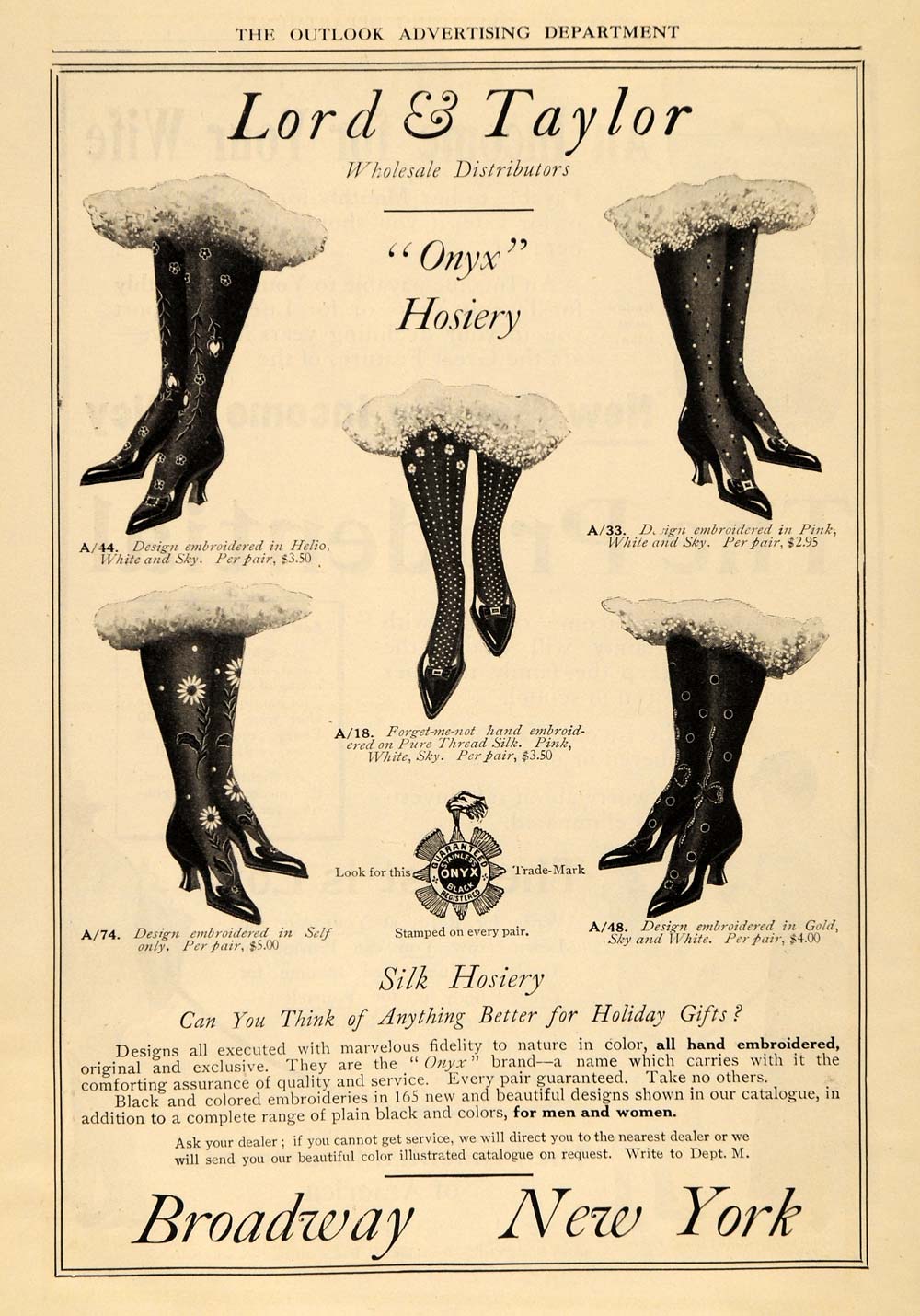 1908 Ad Lord Taylor Onyx Hosiery Silk Feet Embroider - ORIGINAL ADVERTISING TOM1