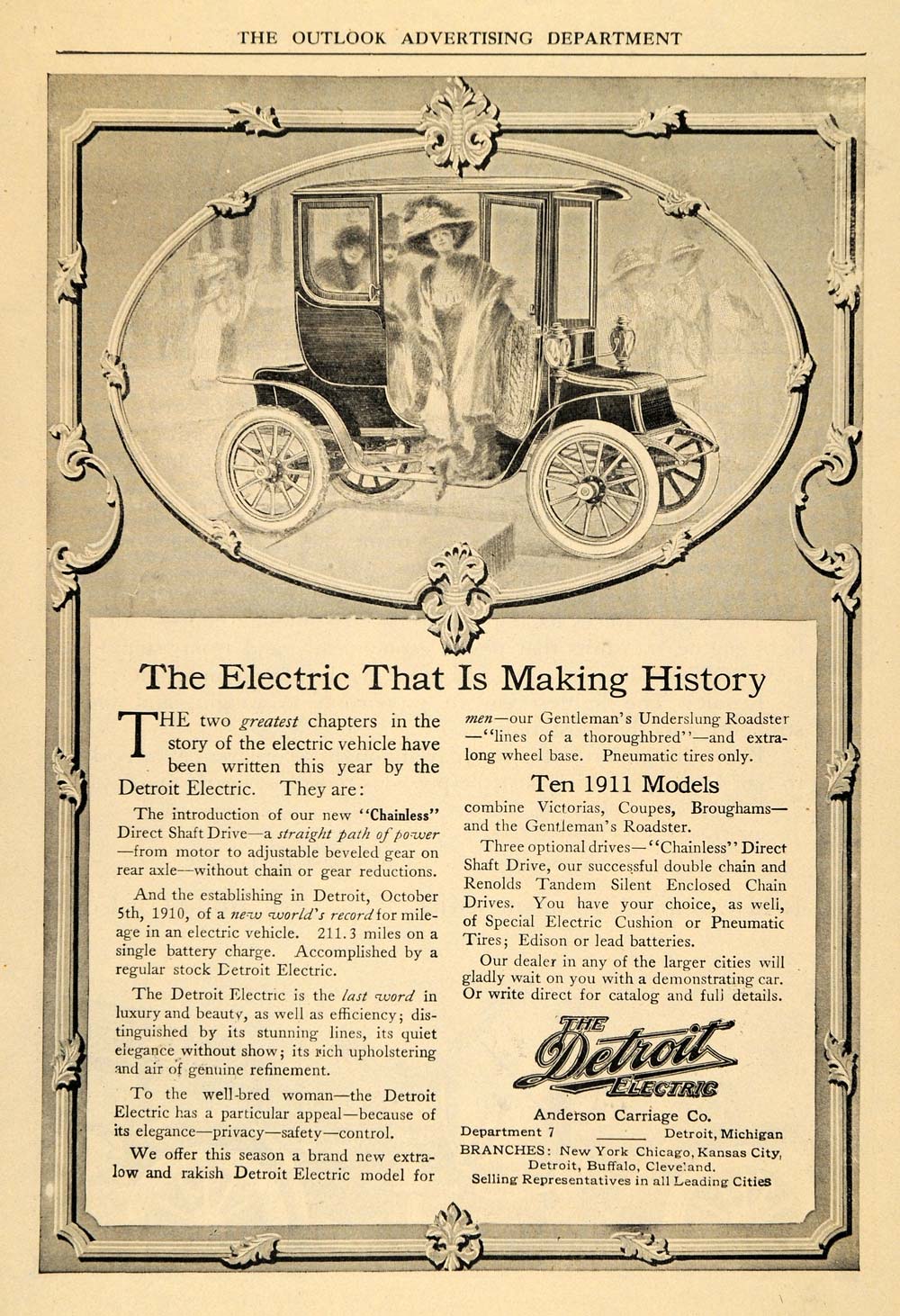 1910 Ad Chainless Shaft Drive Detroit Electric Cars - ORIGINAL ADVERTISING TOM1