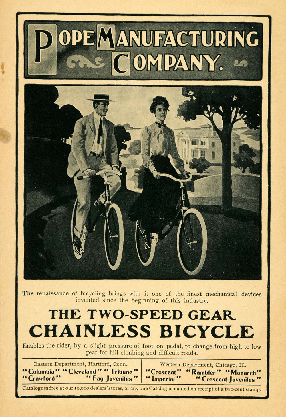 1904 Ad Pope Two Speed Gear Chainless Bicycle Rambler - ORIGINAL TOM1