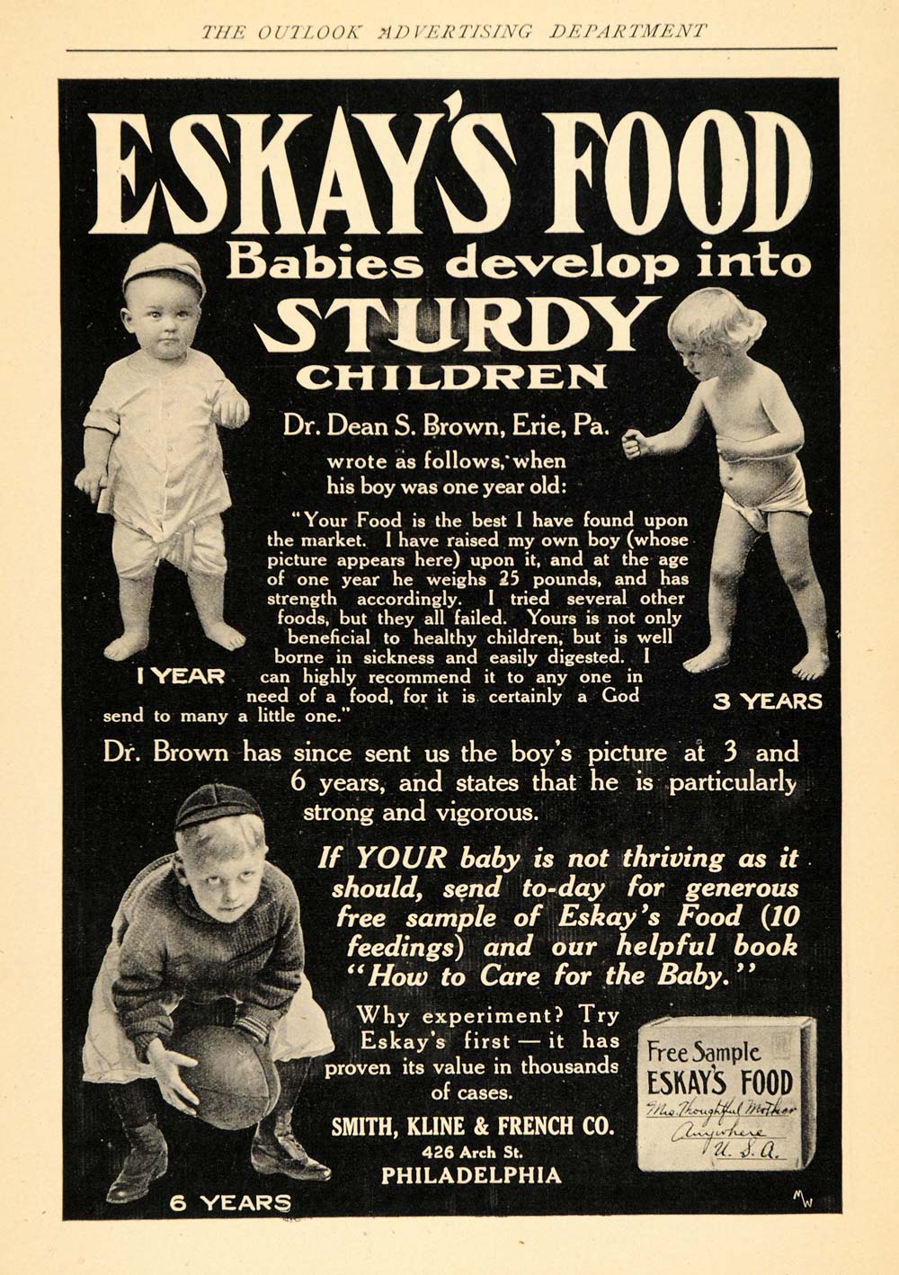 1907 Ad Smith Kline French Eskays Food Dr Dean S Brown - ORIGINAL TOM1