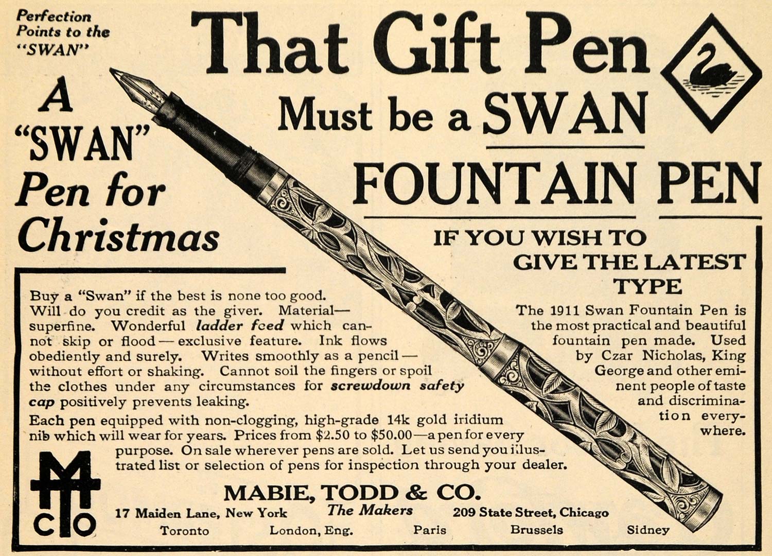 1910 Ad Mabie Todd & Co. Swan Fountain Pen Christmas - ORIGINAL ADVERTISING TOM1