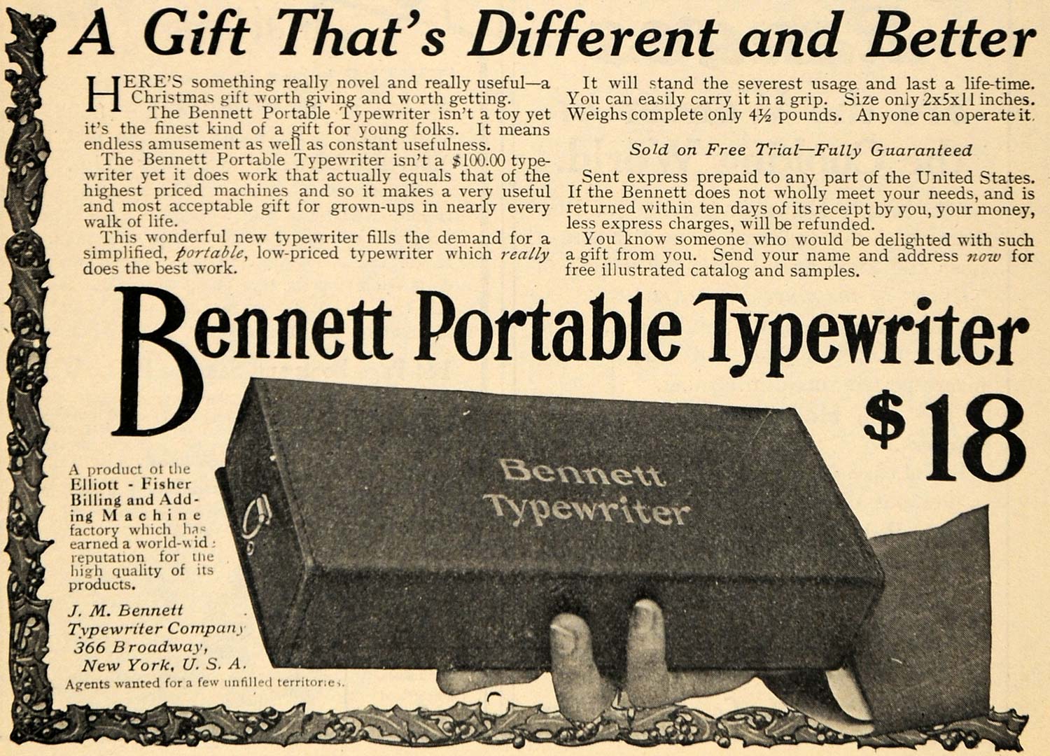 1910 Ad J M Bennett Portable Typewriter Co. Christmas - ORIGINAL TOM1