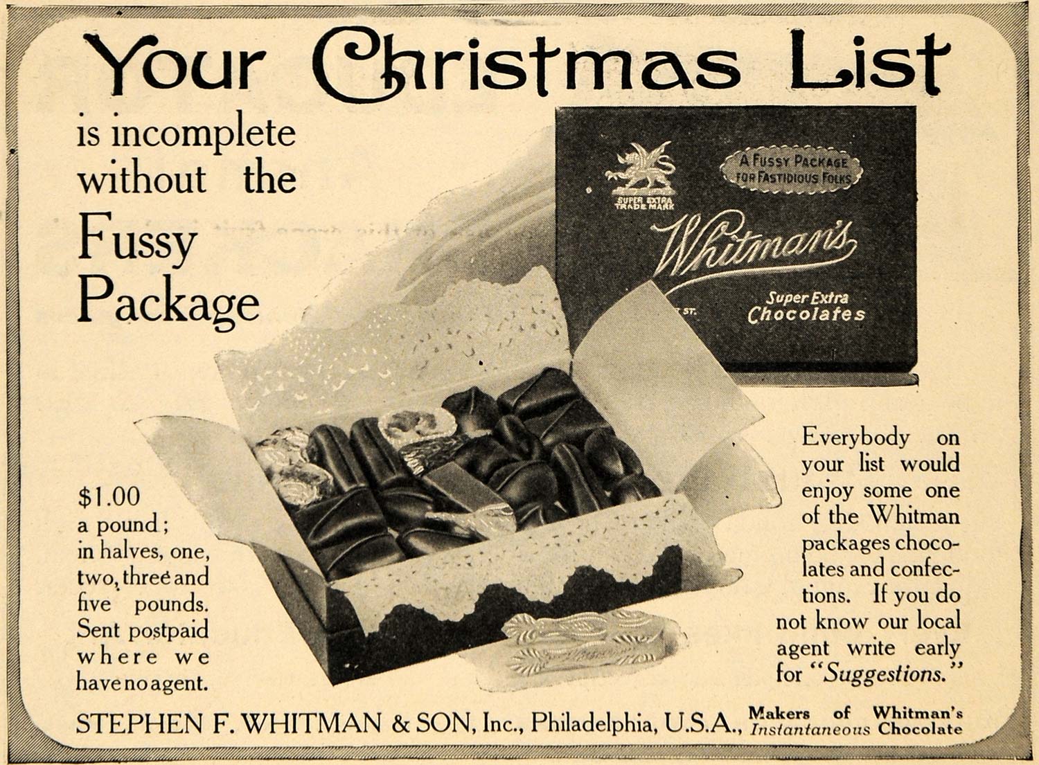 1910 Ad Cocoa Stephen Whitman Candy Gift Chocolates Christmas Box TOM1