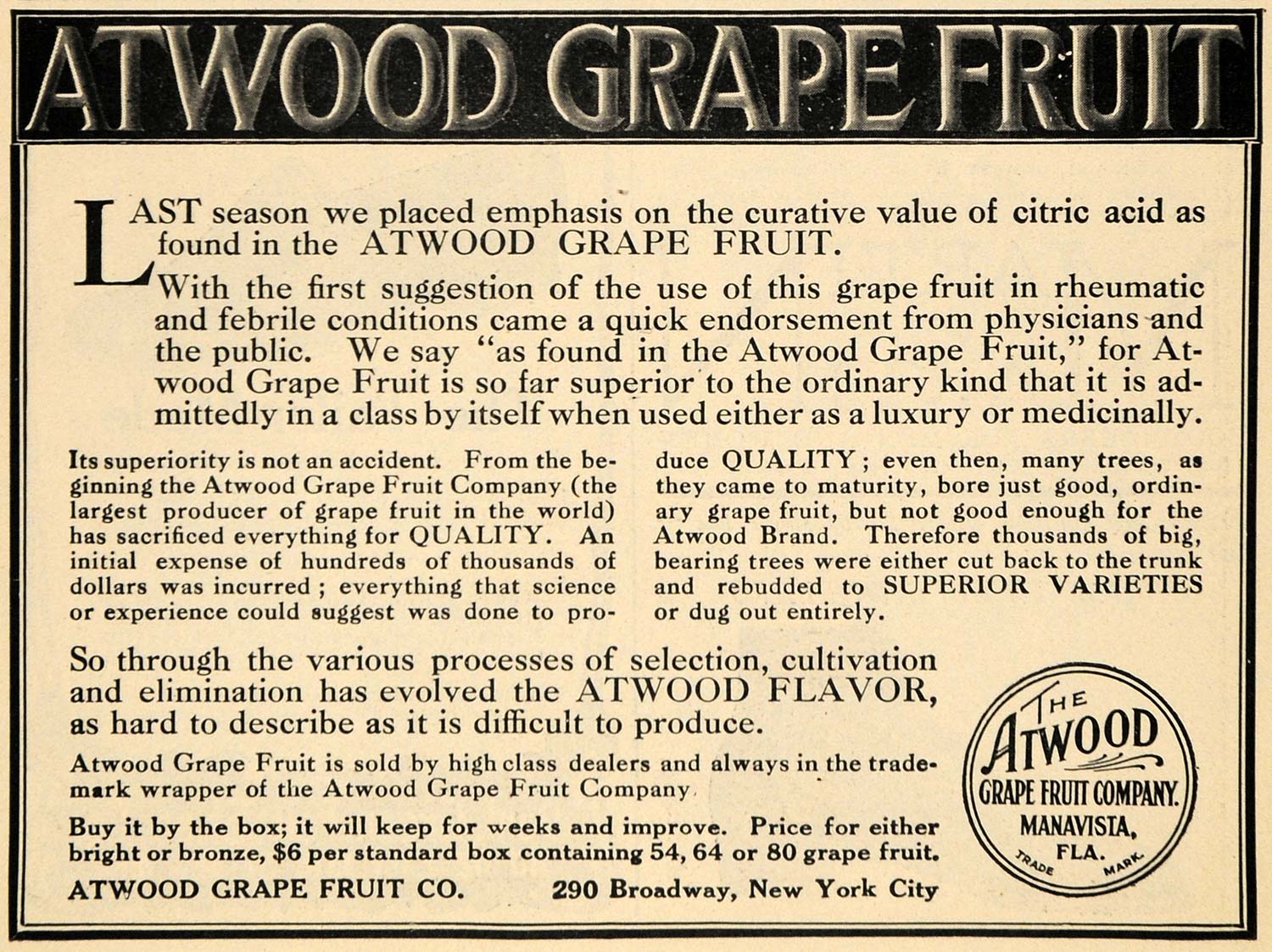 1910 Ad Atwood Grape Fruit Co. Box Manavista Florida - ORIGINAL ADVERTISING TOM1