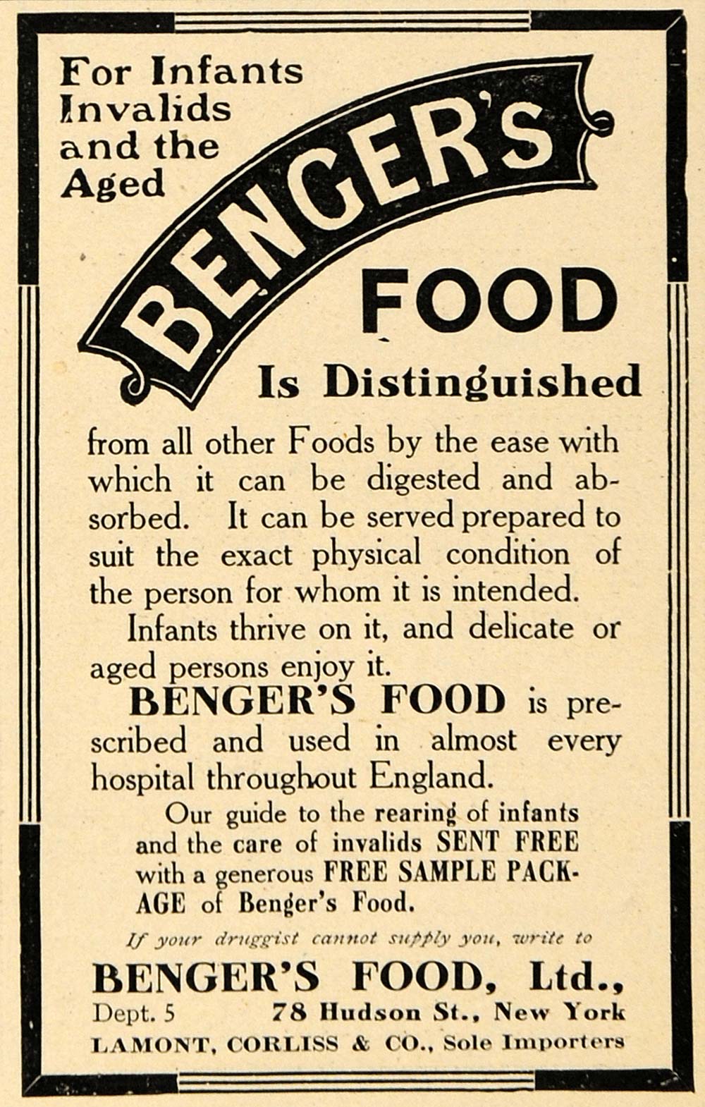 1907 Ad Infants Invalids Bengers Food Lamont Corliss - ORIGINAL ADVERTISING TOM1