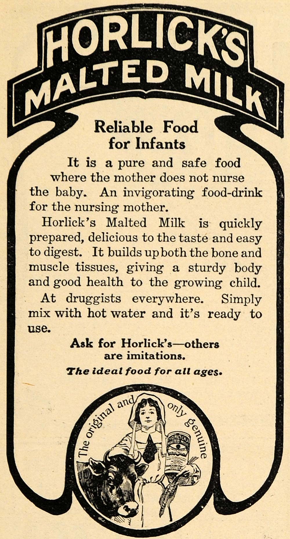 1907 Ad Infant Food Drink Horlicks Malted Milk Children - ORIGINAL TOM1