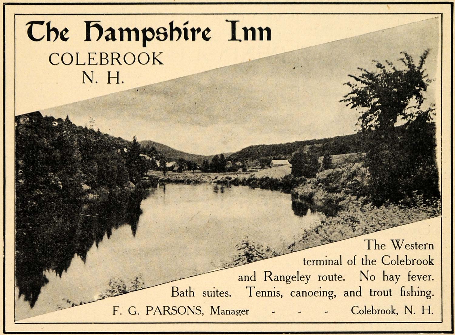 1907 Ad Hampshire Inn Colebrook Rangeley Route Parsons - ORIGINAL TOM1