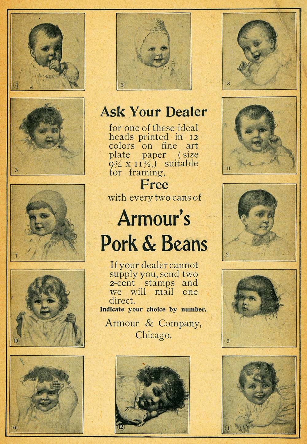 1900 Ad Pork Beans Can Armour & Company Head Prints Art - ORIGINAL TOM1