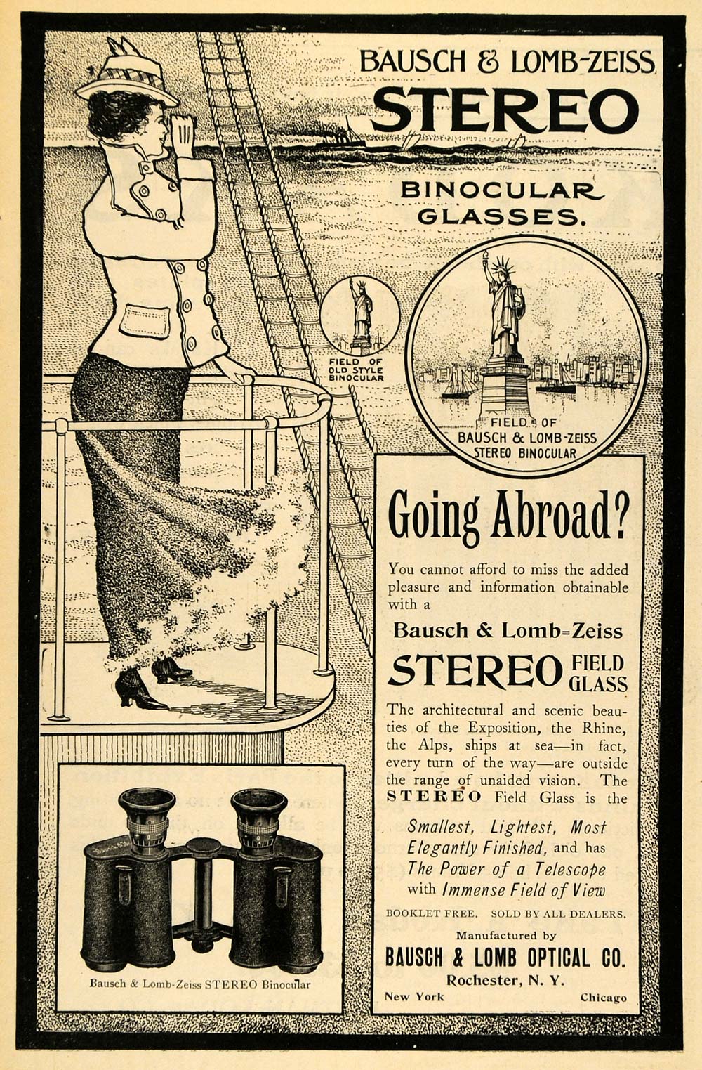 1900 Ad Statue Liberty Stereo Binocular Glasses Bausch - ORIGINAL TOM1