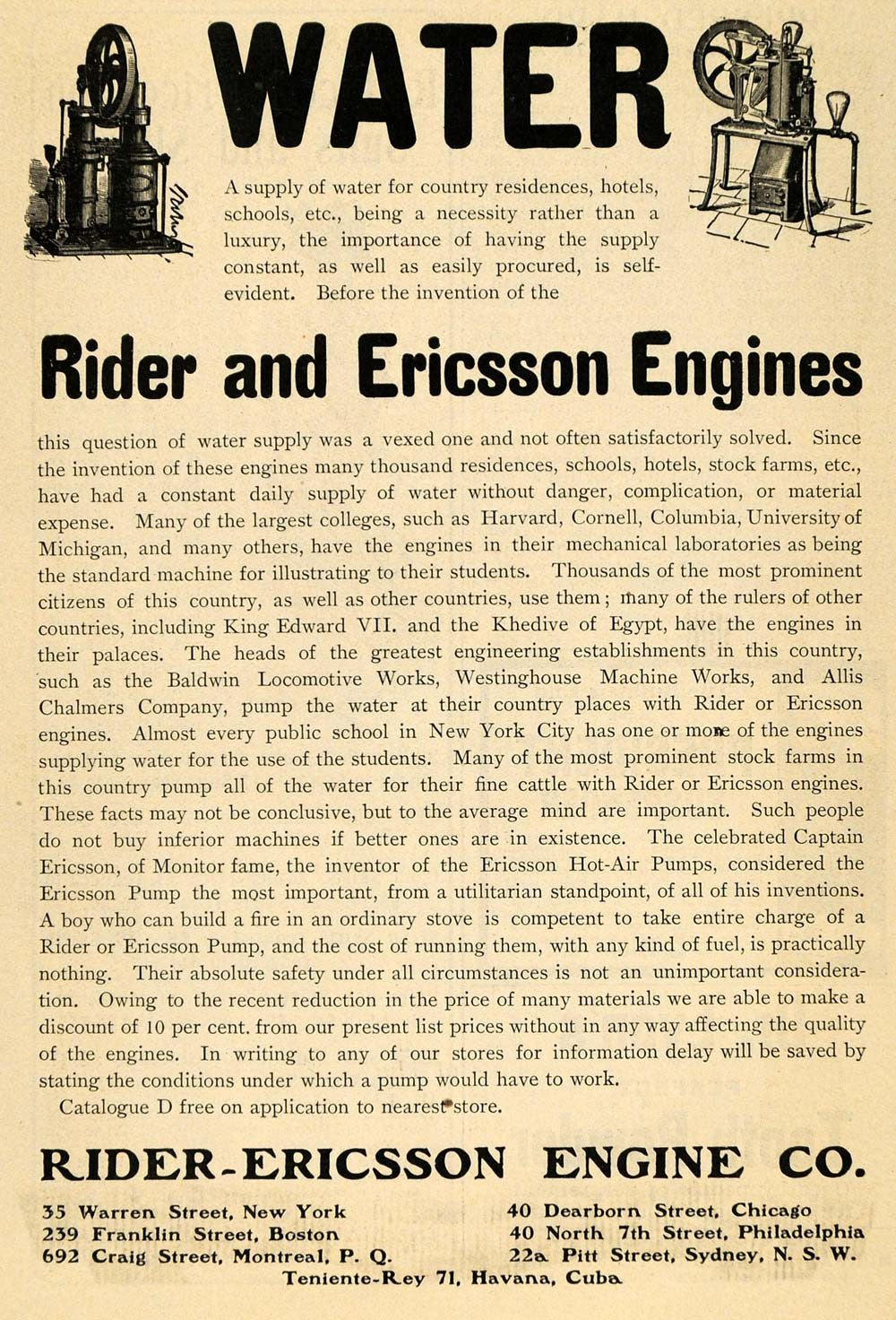 1902 Ad Rider Ericsson Engine Water King Edward VII - ORIGINAL ADVERTISING TOM1 - Period Paper
