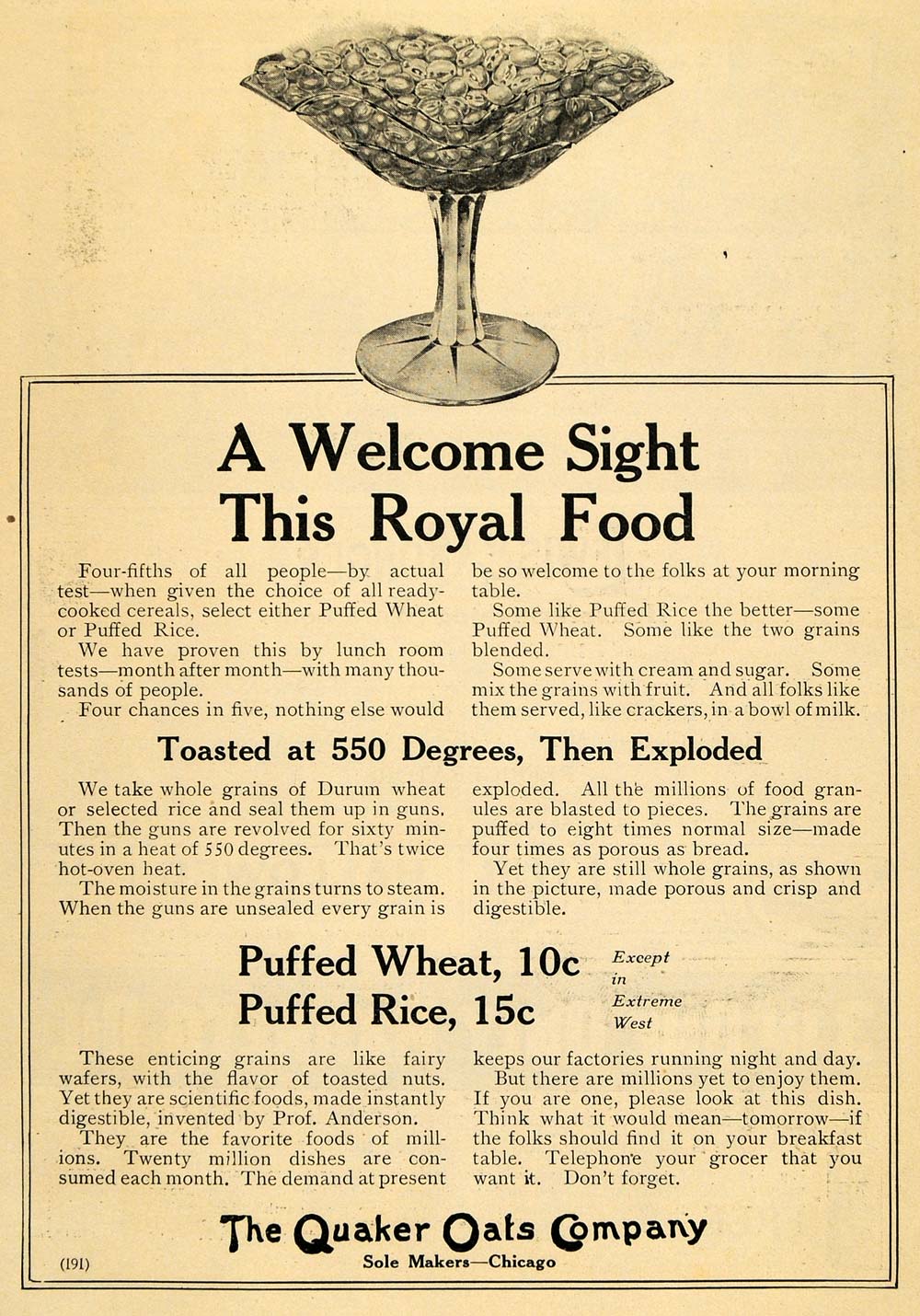 1911 Ad Quaker Oats Company Puffed Wheat Rice Cereal - ORIGINAL ADVERTISING TOM1