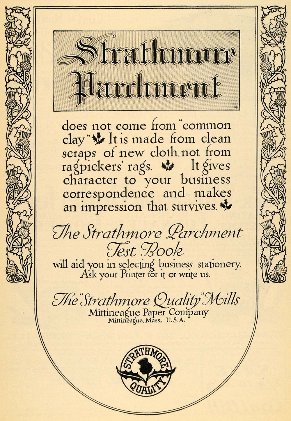 1911 Ad Strathmore Parchment Mittineague Paper Company - ORIGINAL TOM1