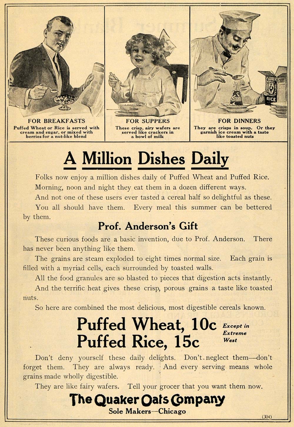 1912 Ad Professor Anderson Puffed Wheat Rice Quaker Oat - ORIGINAL TOM1