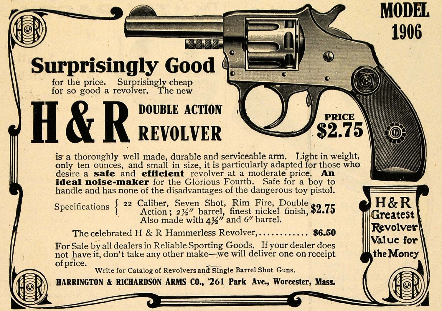 1907 Ad Double Action Revolver Hammerless Caliber Shot - ORIGINAL TOM1