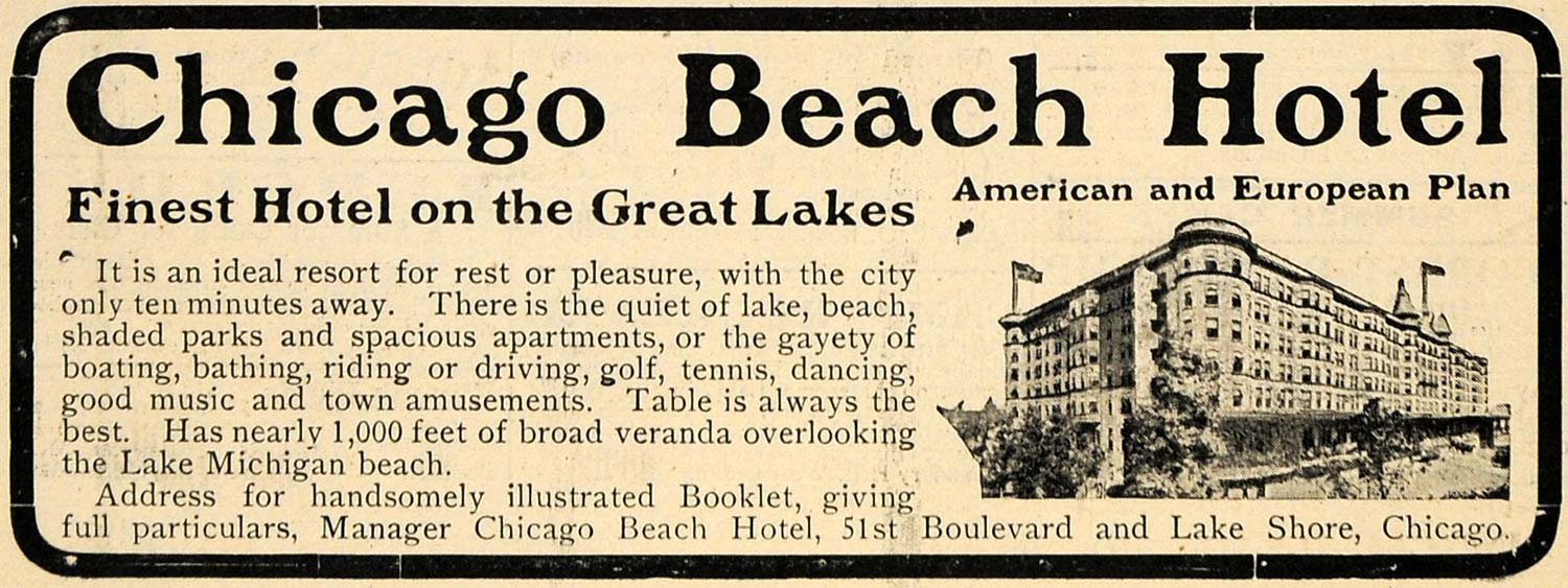1907 Ad Chicago Beach Hotel Great Lakes Shore American - ORIGINAL TOM1