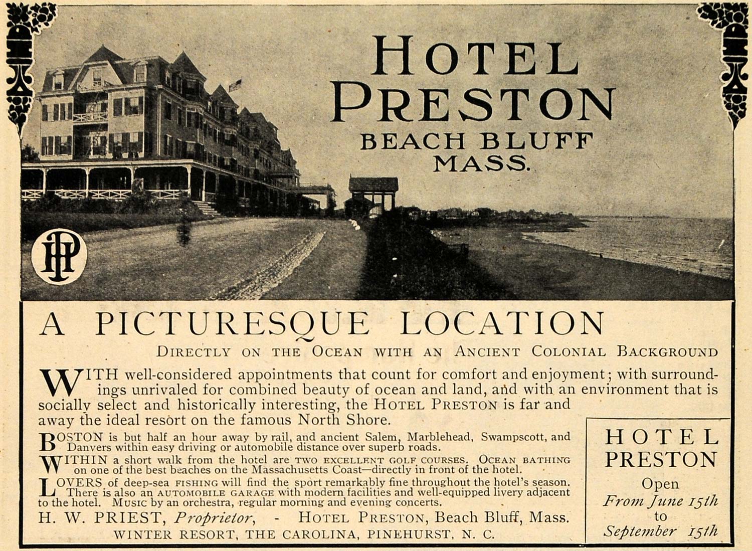 1907 Ad Hotel Preston Beach Bluff Ocean Colonial Priest - ORIGINAL TOM1