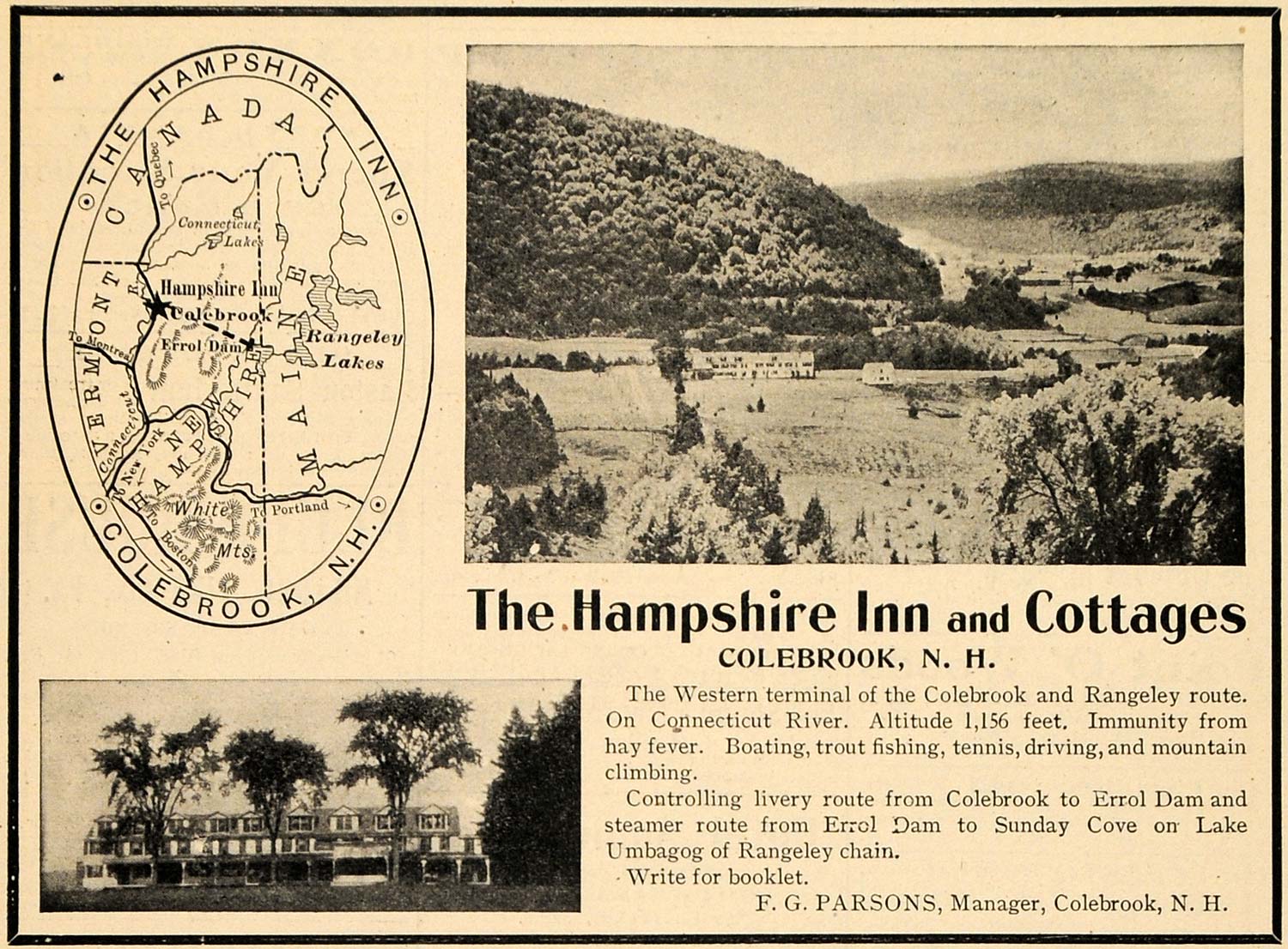 1907 Ad Hampshire Inn Cottage Colebrook Errol Dam Lake - ORIGINAL TOM1