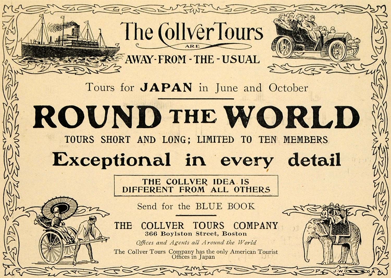 1907 Ad Collver Tours Japan Round World Traveling Away - ORIGINAL TOM1