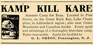1907 Ad Kamp Kill Kare Boys Summer School G. L. Orton - ORIGINAL TOM1