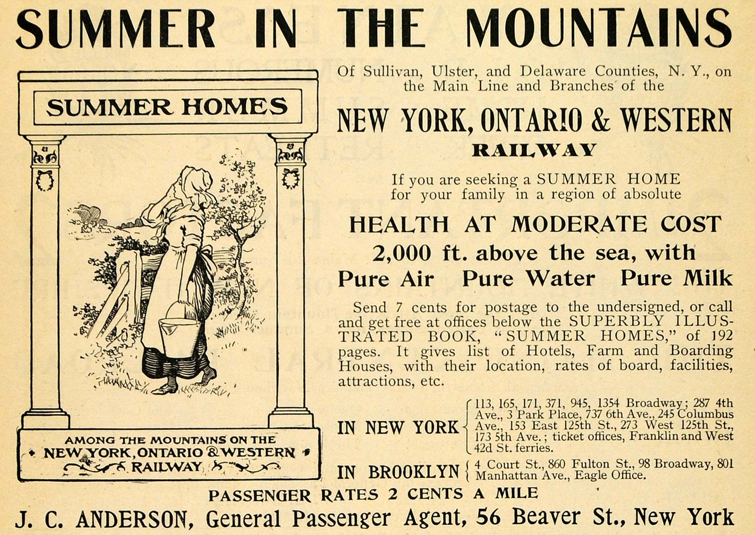 1900 Ad Summer Mountains Railway Ontario Western York - ORIGINAL TOM1