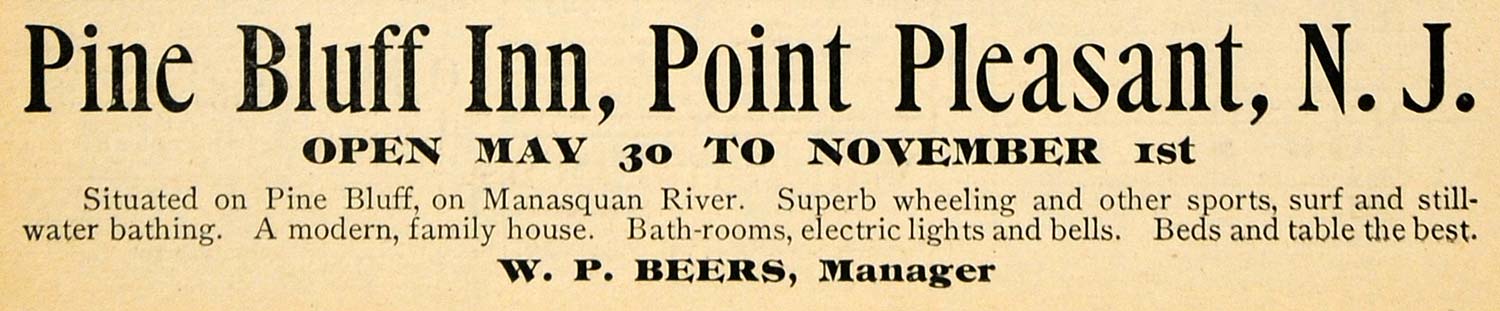 1900 Ad Pine Bluff Inn W. P Beers Manasquan River Sport - ORIGINAL TOM1