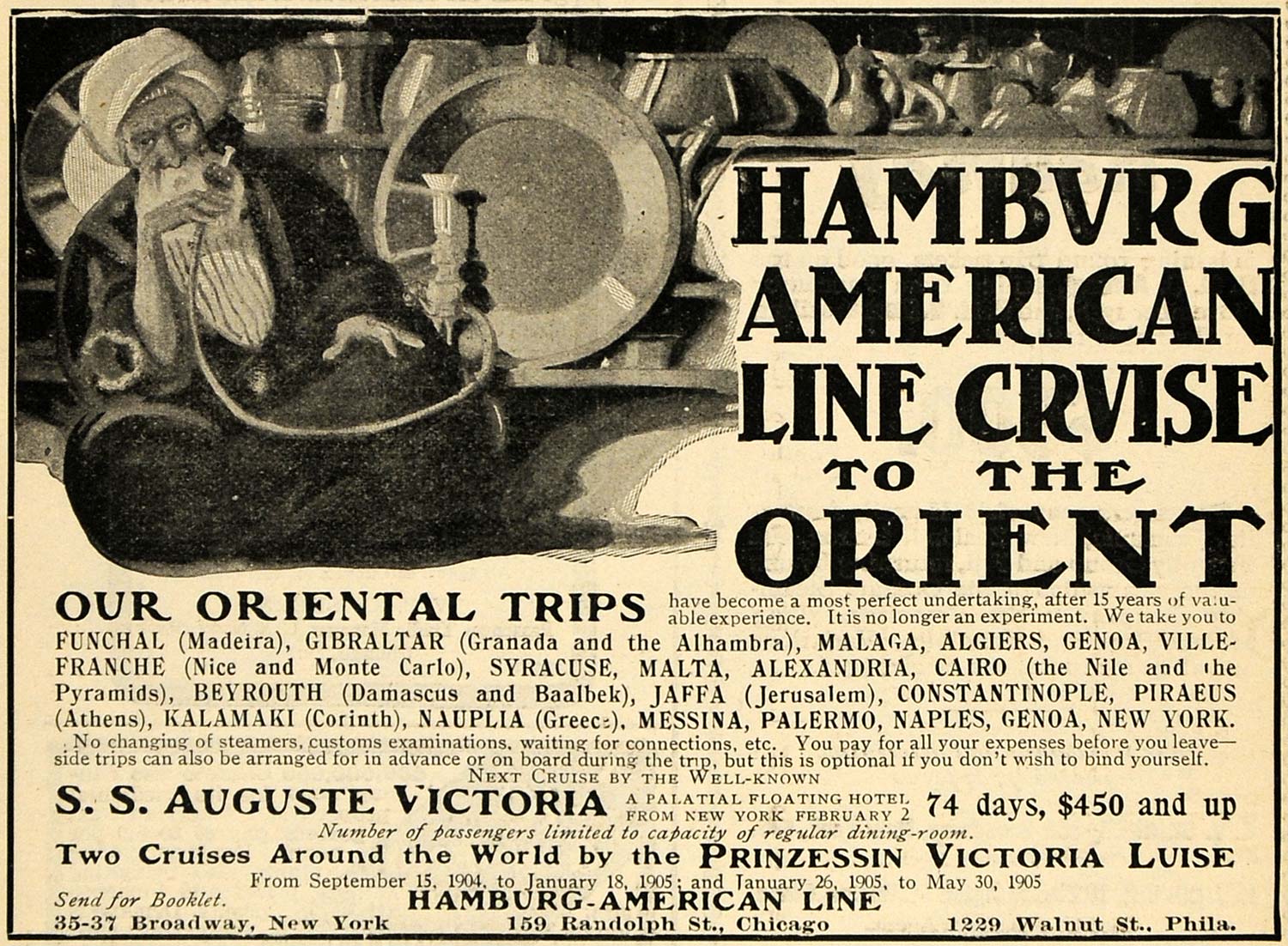 1903 Ad Hamburg American Line Cruise Orient SS Auguste - ORIGINAL TOM1