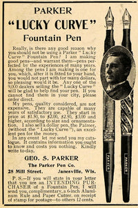 1903 Ad Geo. S. Parker Lucky Curve Fountain Ink Pen Men - ORIGINAL TOM1