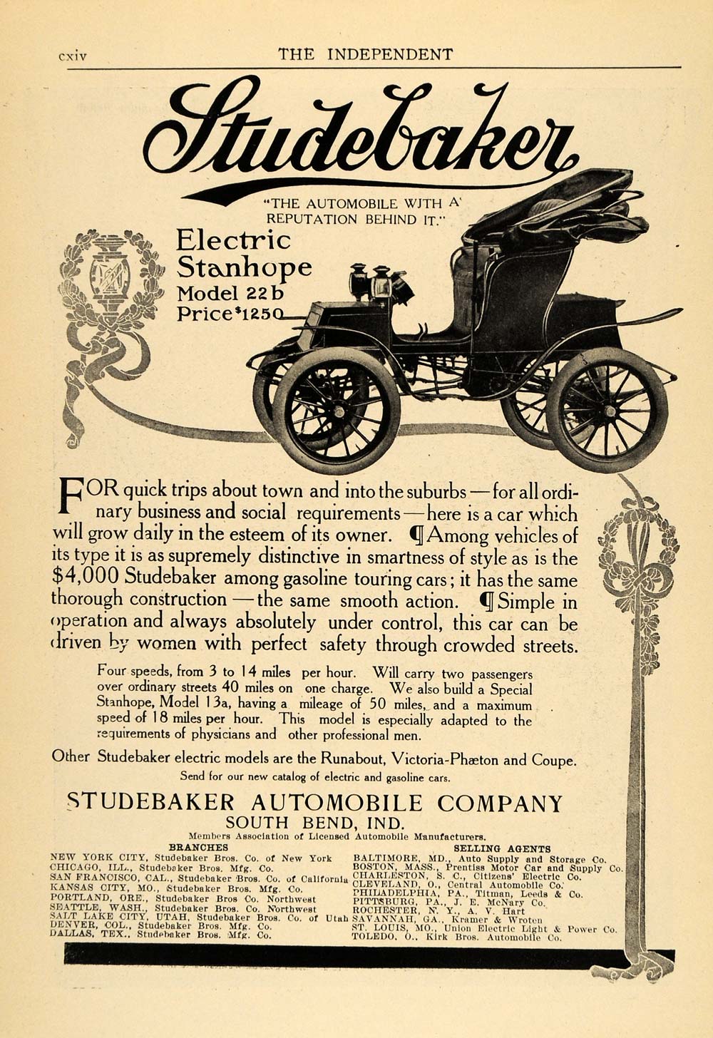 1907 Ad Studebaker Automobile Co. Electric Stanhope Car - ORIGINAL TOM2