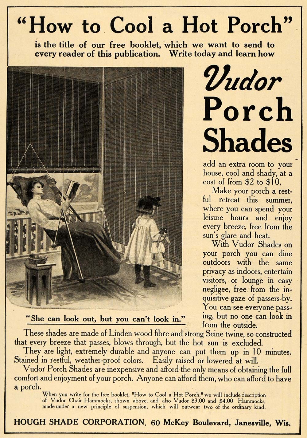 1906 Ad Hough Shade Co. Vudor Porch Shades Home Decor - ORIGINAL TOM2