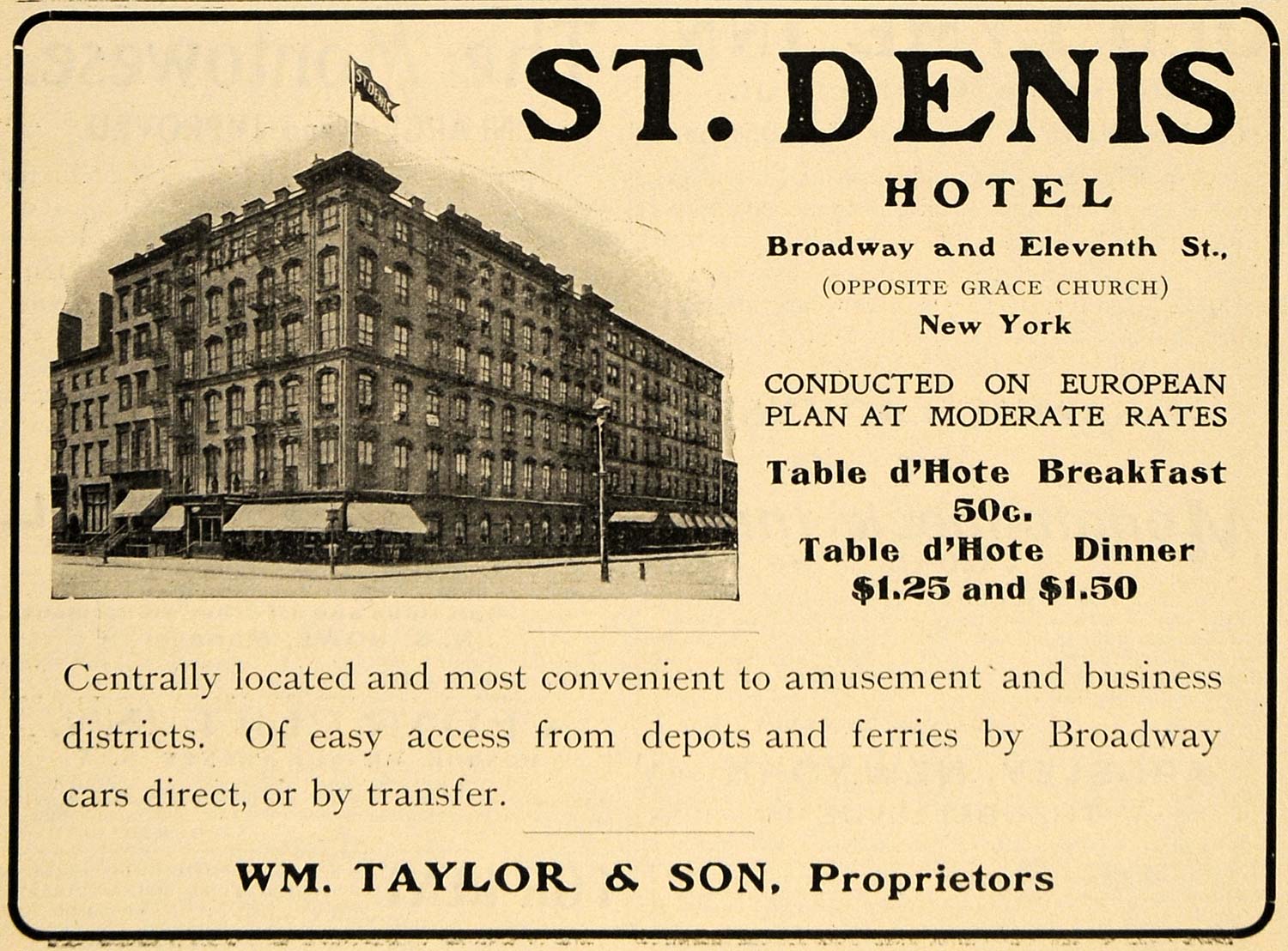 1902 Ad St. Denis Hotel NY d'Hote Breakfast Wm. Taylor - ORIGINAL TOM2