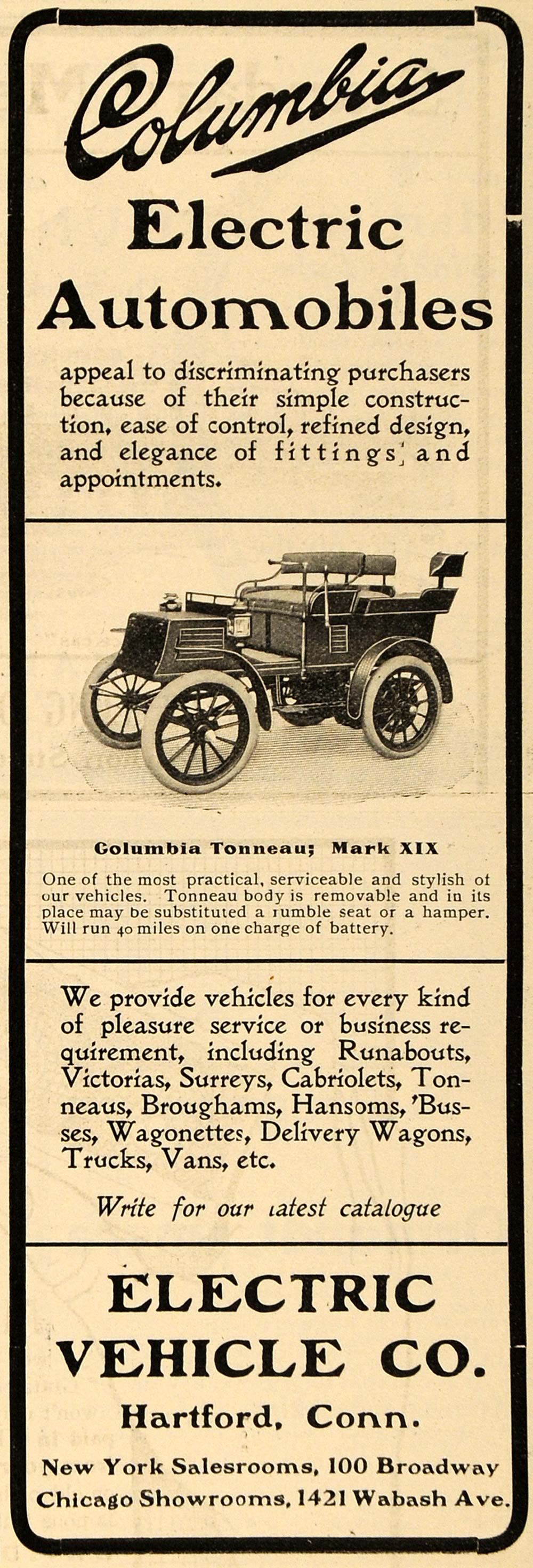 1902 Ad Columbia Electric Antique Automobiles Tonneau - ORIGINAL TOM2