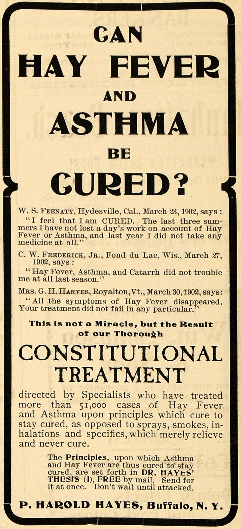 1902 Ad P. Harold Hayes Constitutional Treatment Asthma - ORIGINAL TOM2