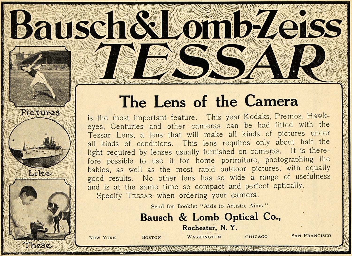 1906 Ad Bausch Lomb Zeiss Tessar Camera Lens Rochester - ORIGINAL TOM2
