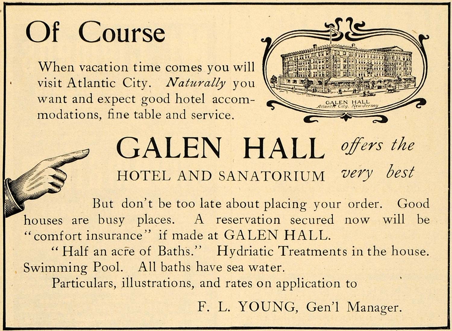 1907 Ad Atlantic City Galen Hall Hotel Sanitorium Baths - ORIGINAL TOM2