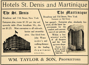 1907 Ad Hotels St. Denis Martinique Wm. Taylor Sons NY - ORIGINAL TOM2