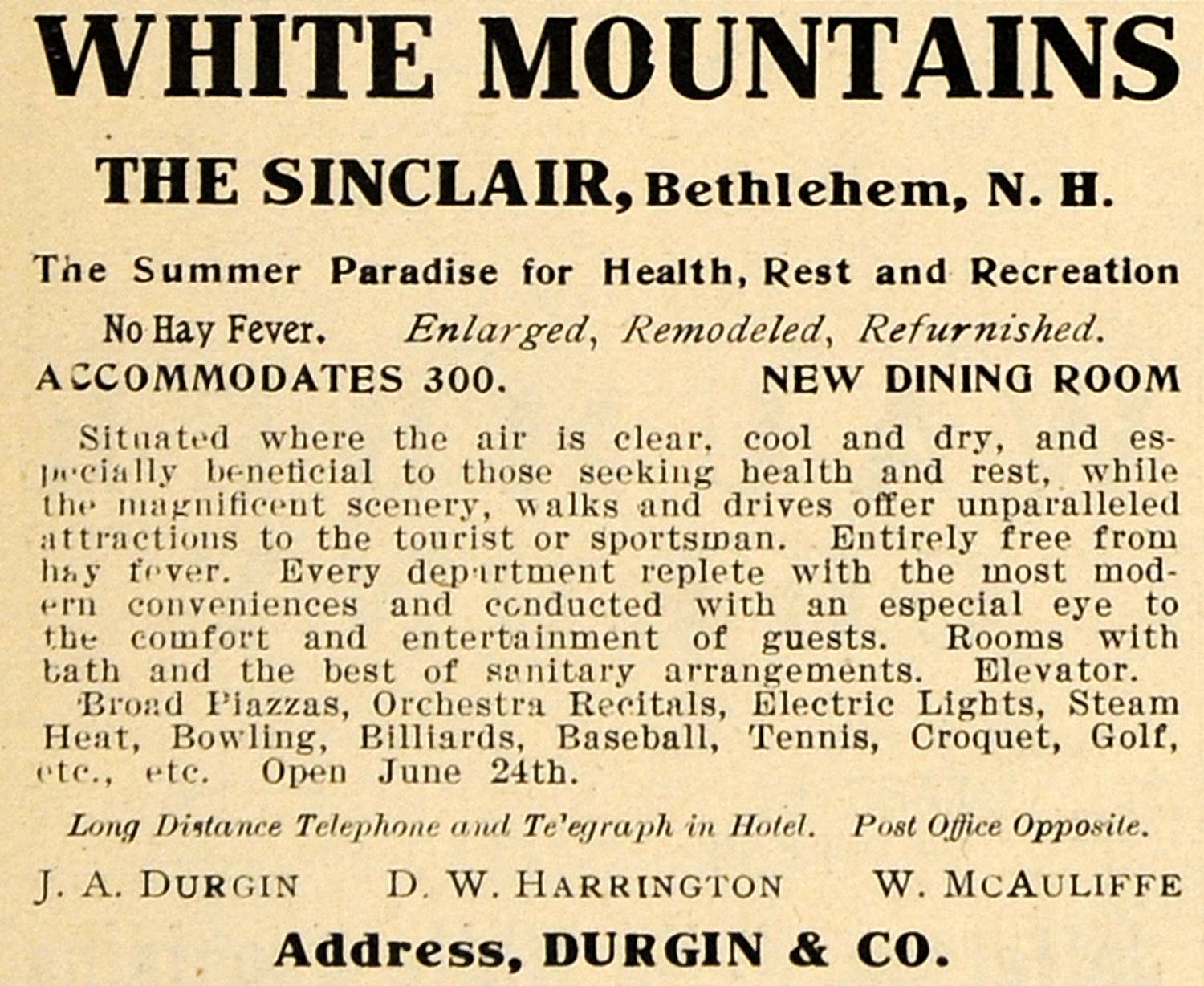 1907 Ad Sinclair Hotel Bethlehem NH White Mountains - ORIGINAL ADVERTISING TOM2